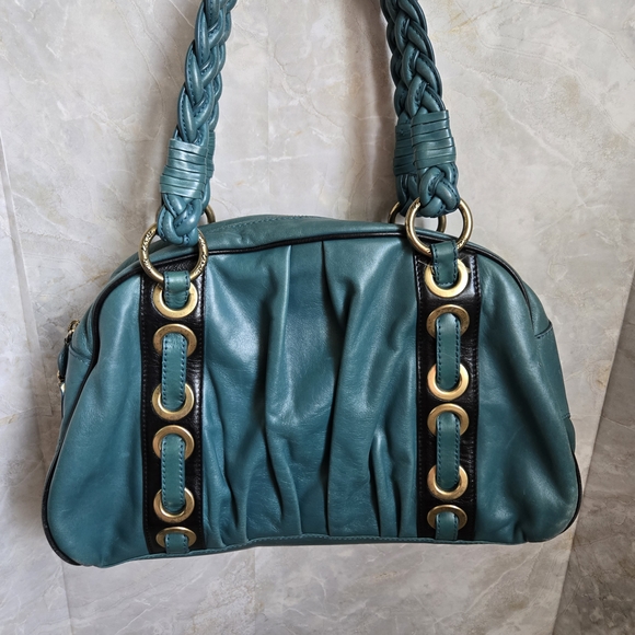 Kate Landry Handbags - Kate Landry Blue and Gold Satchel with Structured Design